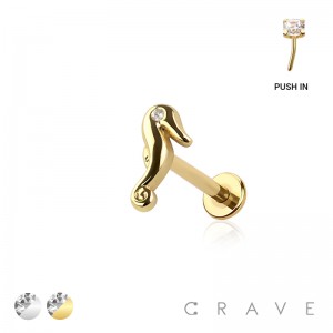 CZ SEA HORSE TOP THREADLESS (PUSH IN) 316L SURGICAL STEEL LABRET SET